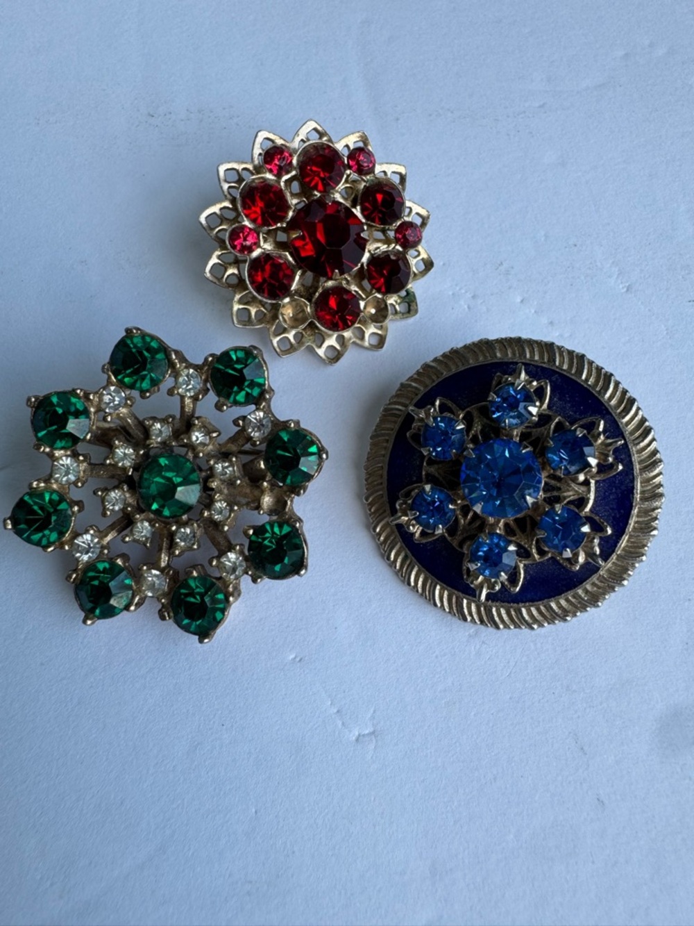 Set of Three Vintage Colorful Sunburst Snowflake Rhinestone‎ Brooch Pins